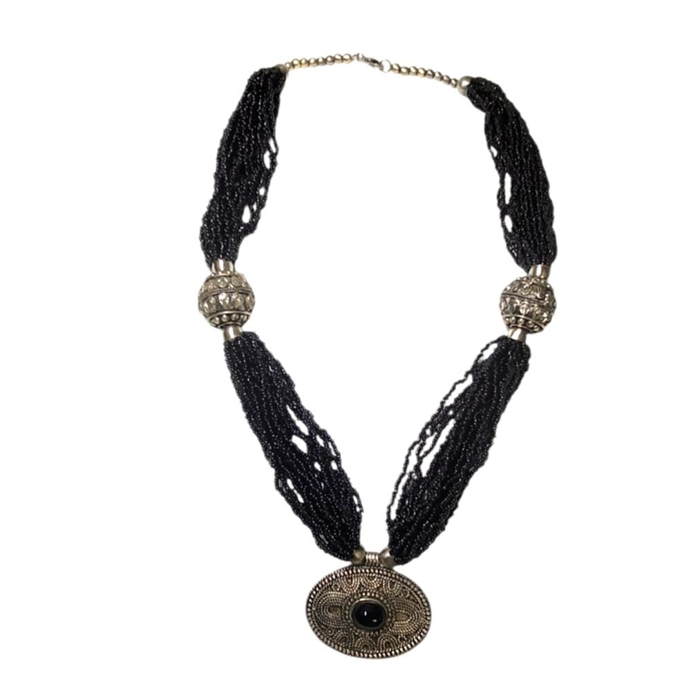 Black Seed Bead Multi-Strand Statement Necklace Silver Tone Etched Pendant Boho - Picture 3 of 6